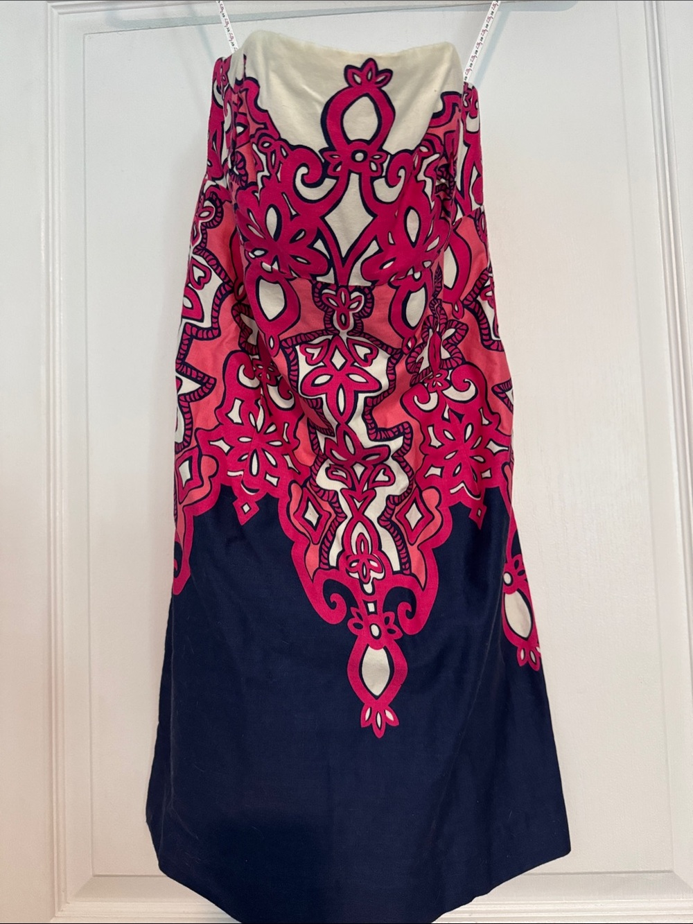 Lilly Pulitzer Strapless Patterned Midi Dress in Pink, Navy & Cream